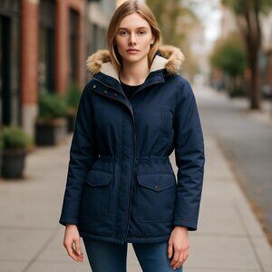 NWT Levi's NAVY Women's Performance Faux Fur Trim Sherpa Lined Parka Jacket